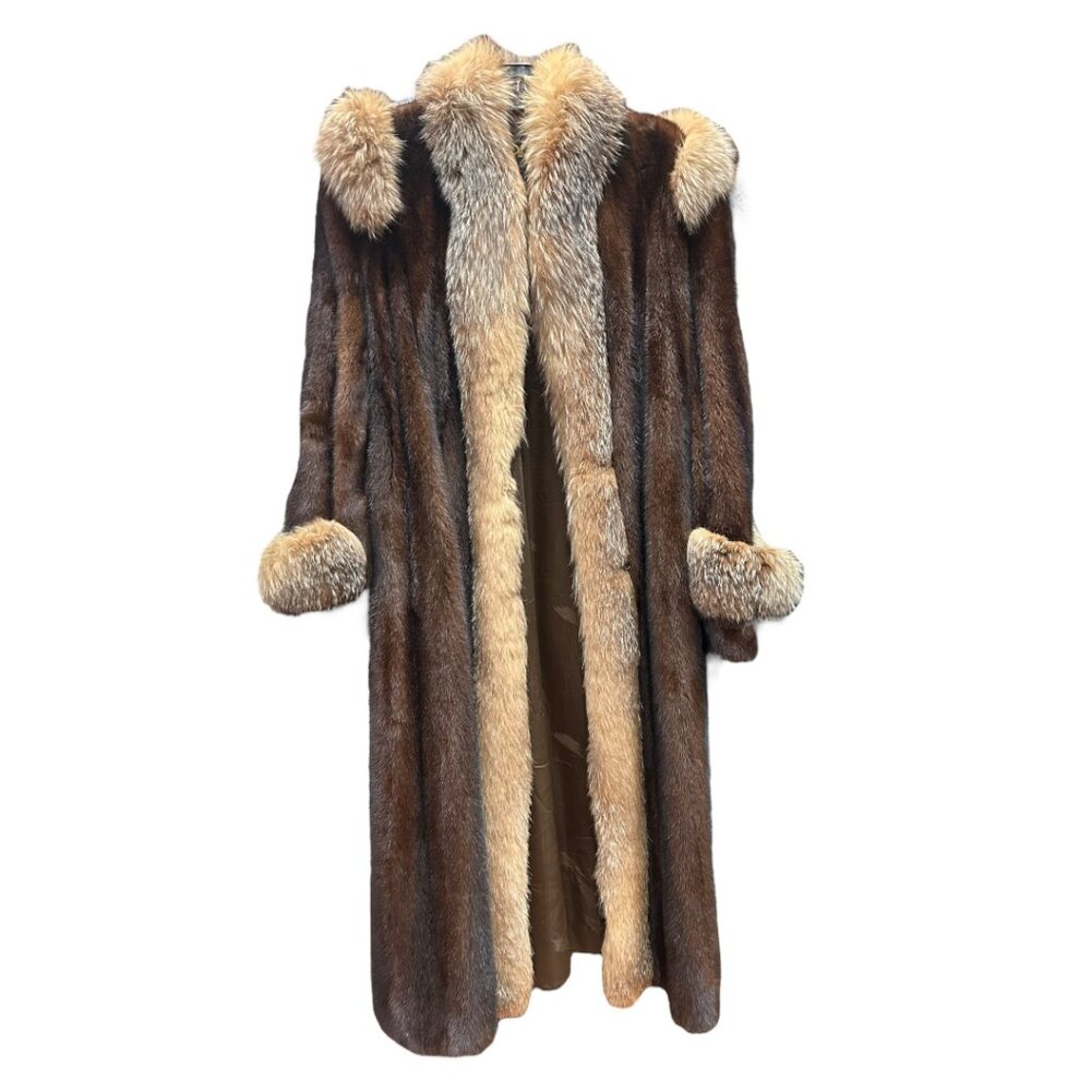 Luxurious Women's Full-Length Mink Fur Coat with Fox Fur Detailing